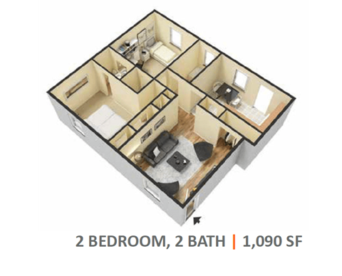 Floor plan for 2 beds, 2 baths, 1090 sqft